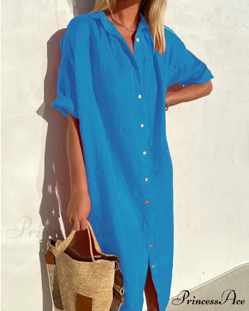 Solid color cotton shirt dress - Image 7