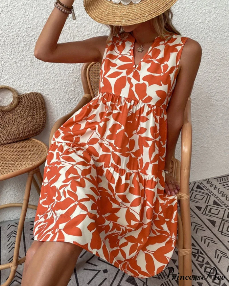 Sleeveless Dress with Leaves Print - Image 2