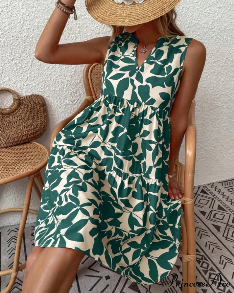 Sleeveless Dress with Leaves Print - Image 5