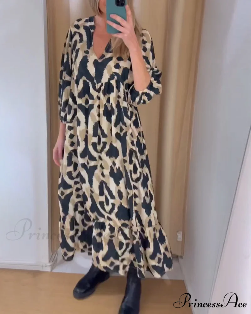 Printed V-neck Casual Long Dress - Image 3