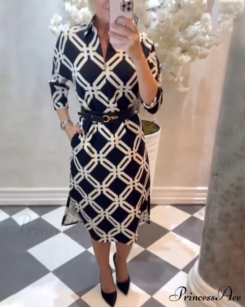 Elegant Dress with Geometric Print and Side Slit - Image 2