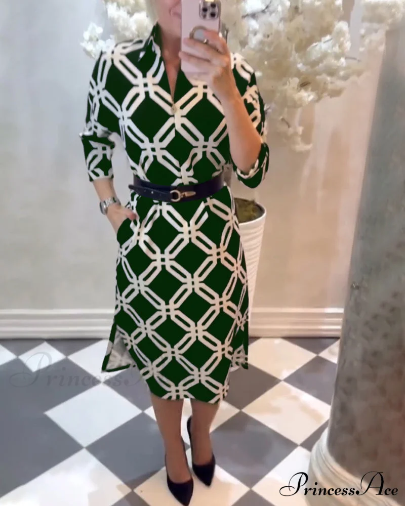 Elegant Dress with Geometric Print and Side Slit - Image 5