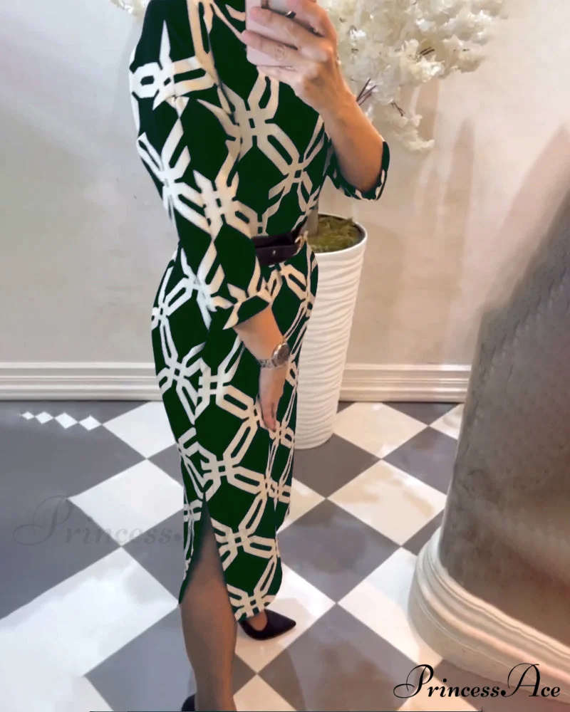 Elegant Dress with Geometric Print and Side Slit - Image 7