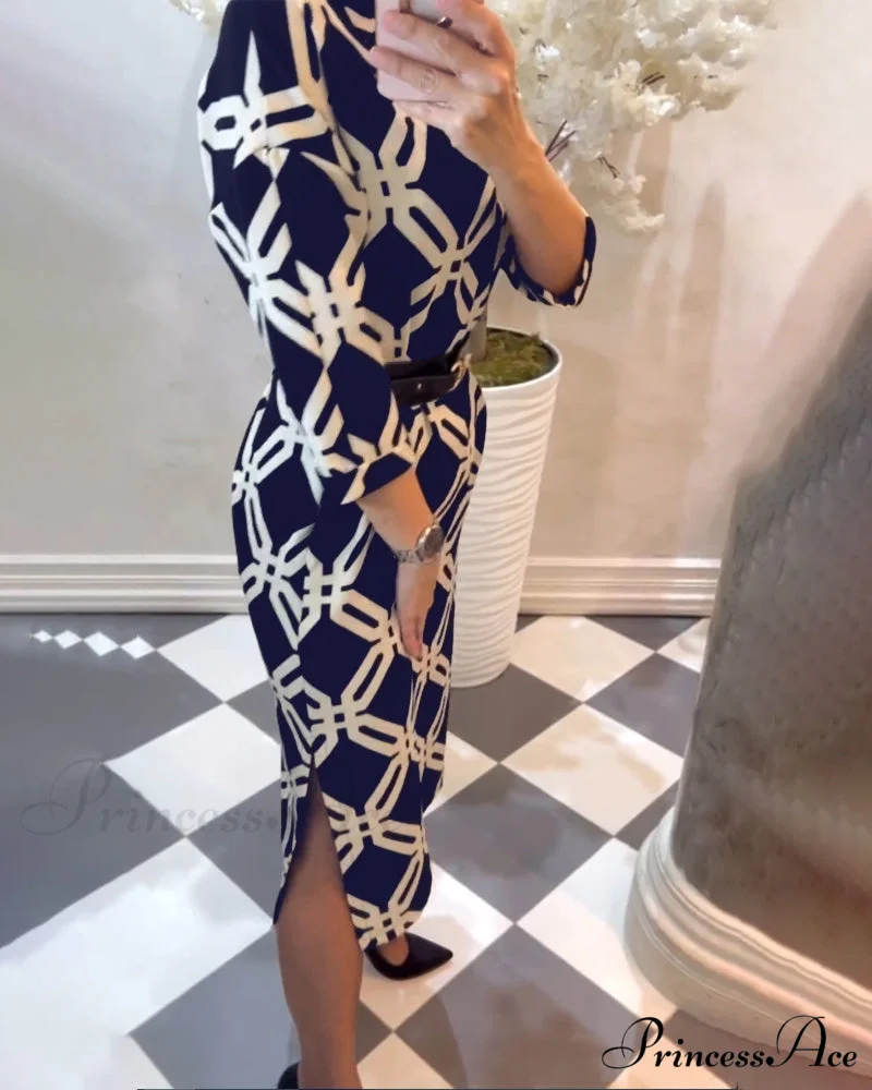 Elegant Dress with Geometric Print and Side Slit - Image 9