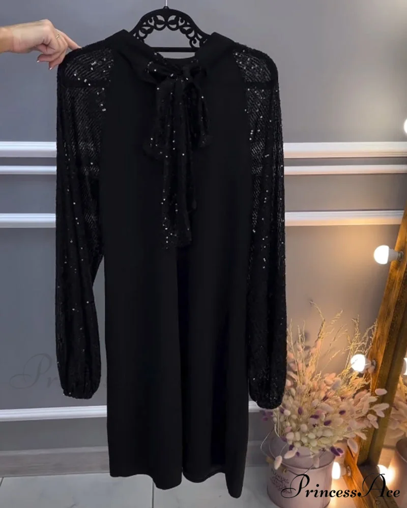 Dress with Patchwork Sleeves in Solid Color - Image 3