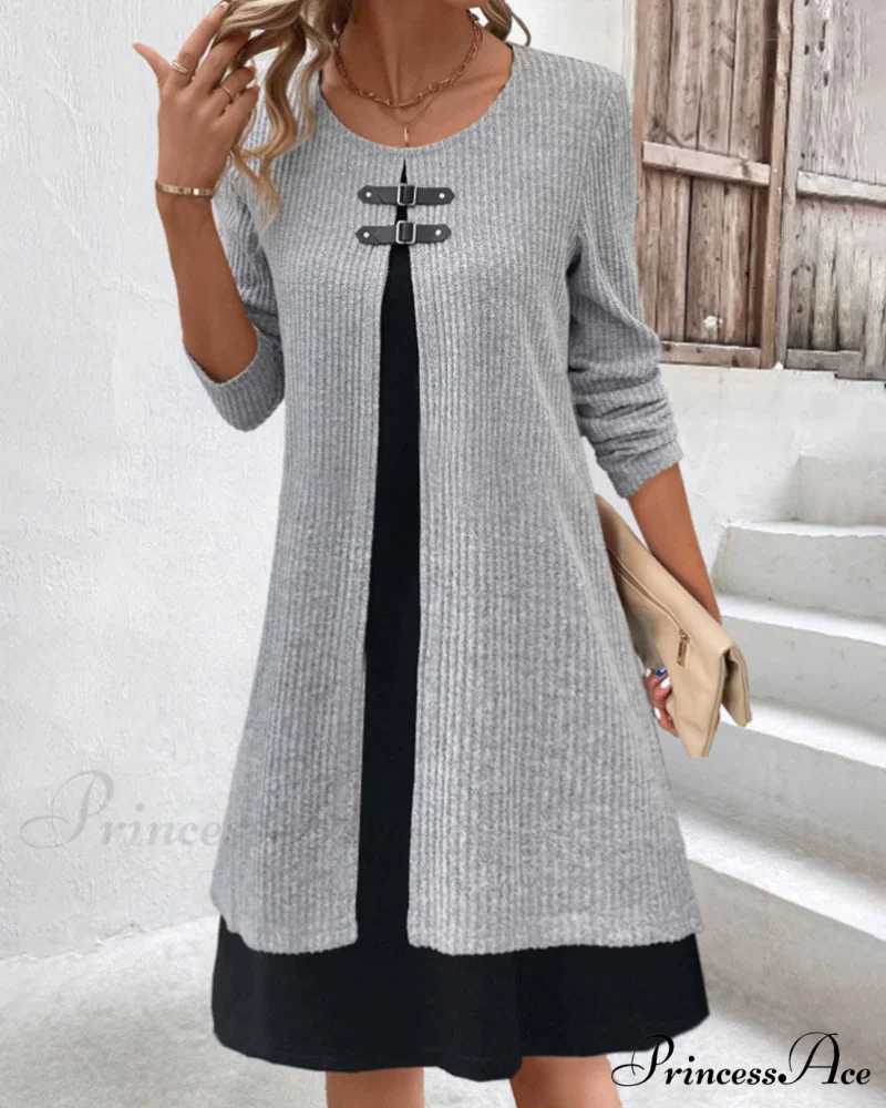 Ribbed Patchwork Long Sleeve Dress - Image 2