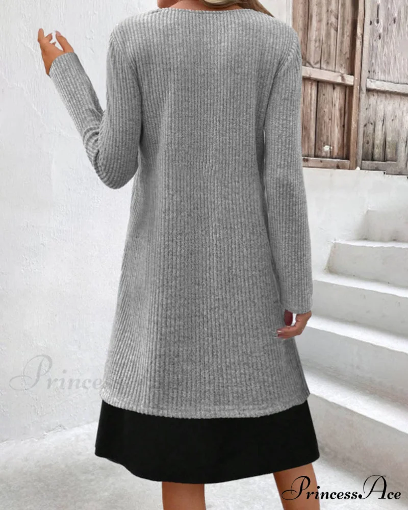 Ribbed Patchwork Long Sleeve Dress - Image 3