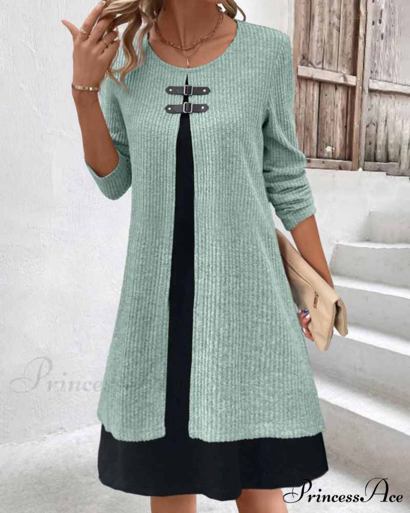 Ribbed Patchwork Long Sleeve Dress - Image 4