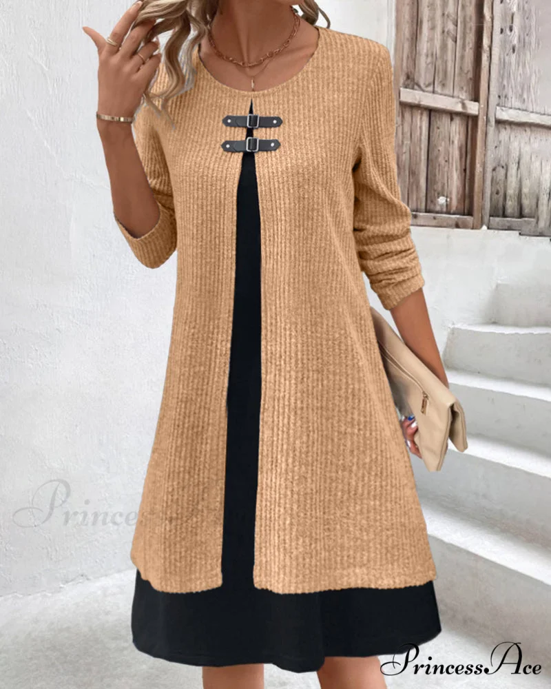 Ribbed Patchwork Long Sleeve Dress - Image 7