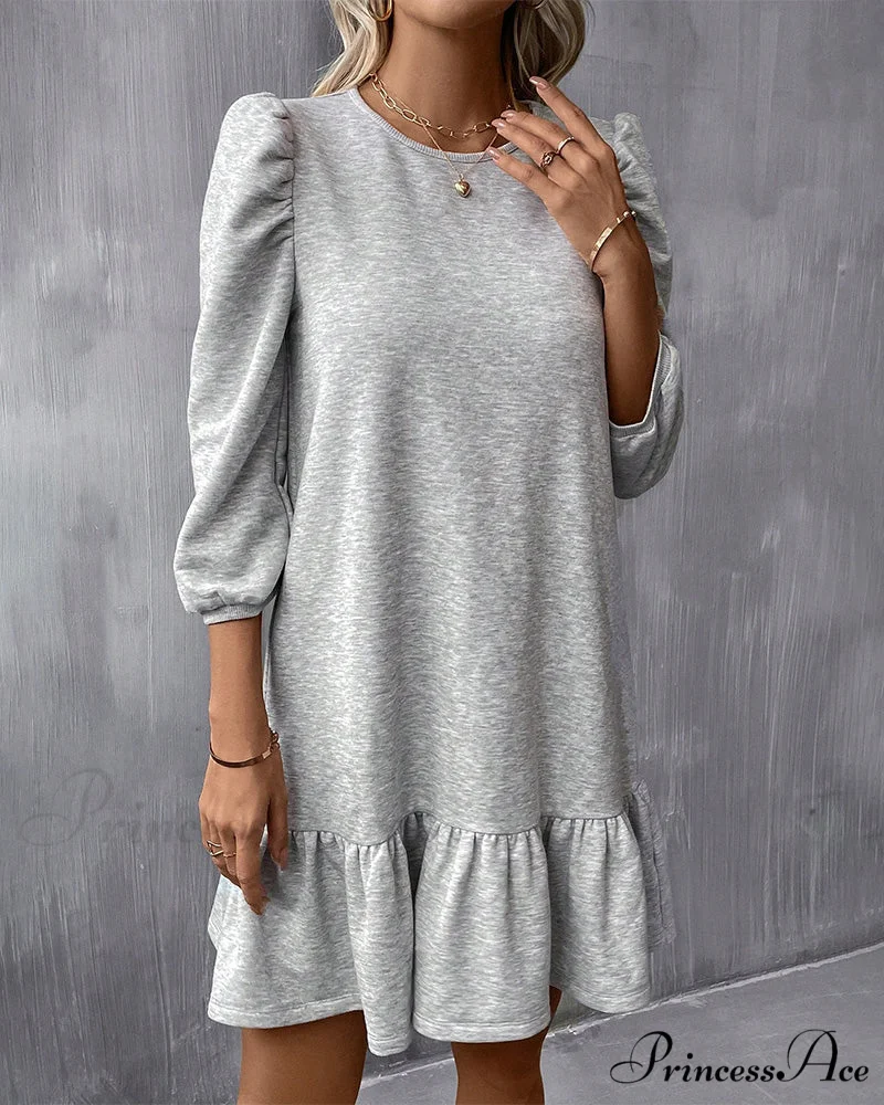 Puff Sleeve Dress in Solid Color - Image 2