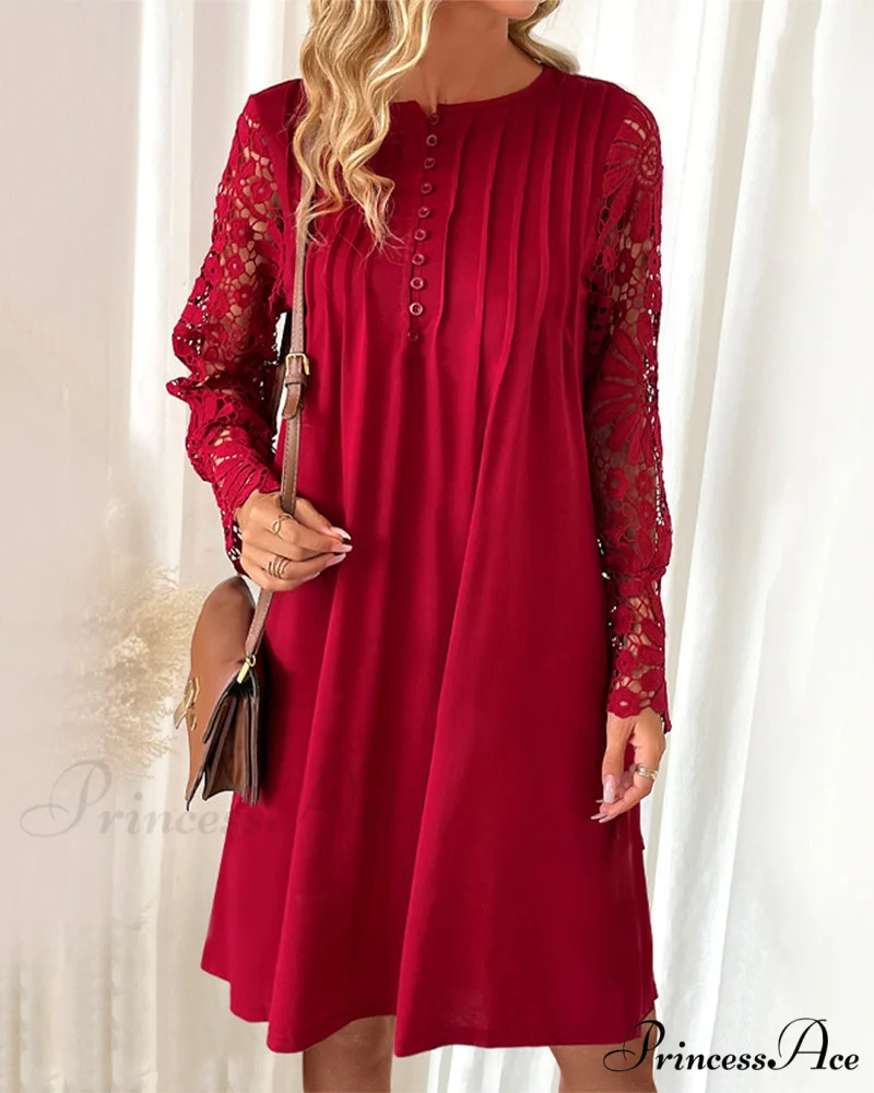 Lace Sleeve Dress with Pleated Detail - Image 2