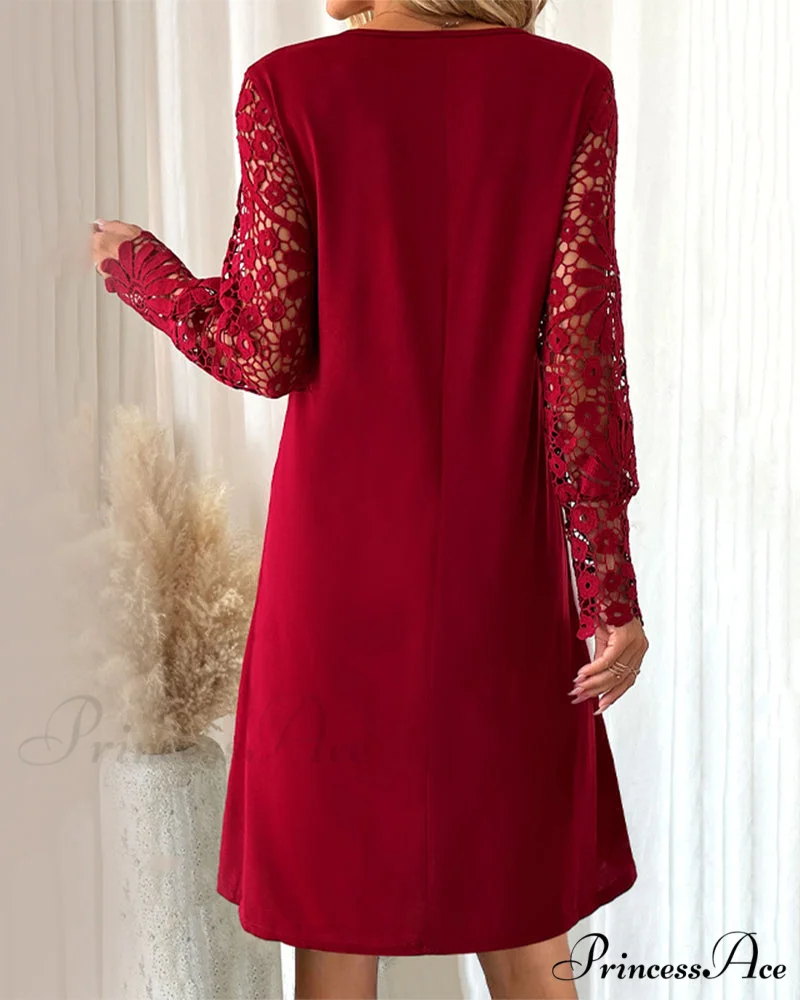Lace Sleeve Dress with Pleated Detail - Image 3