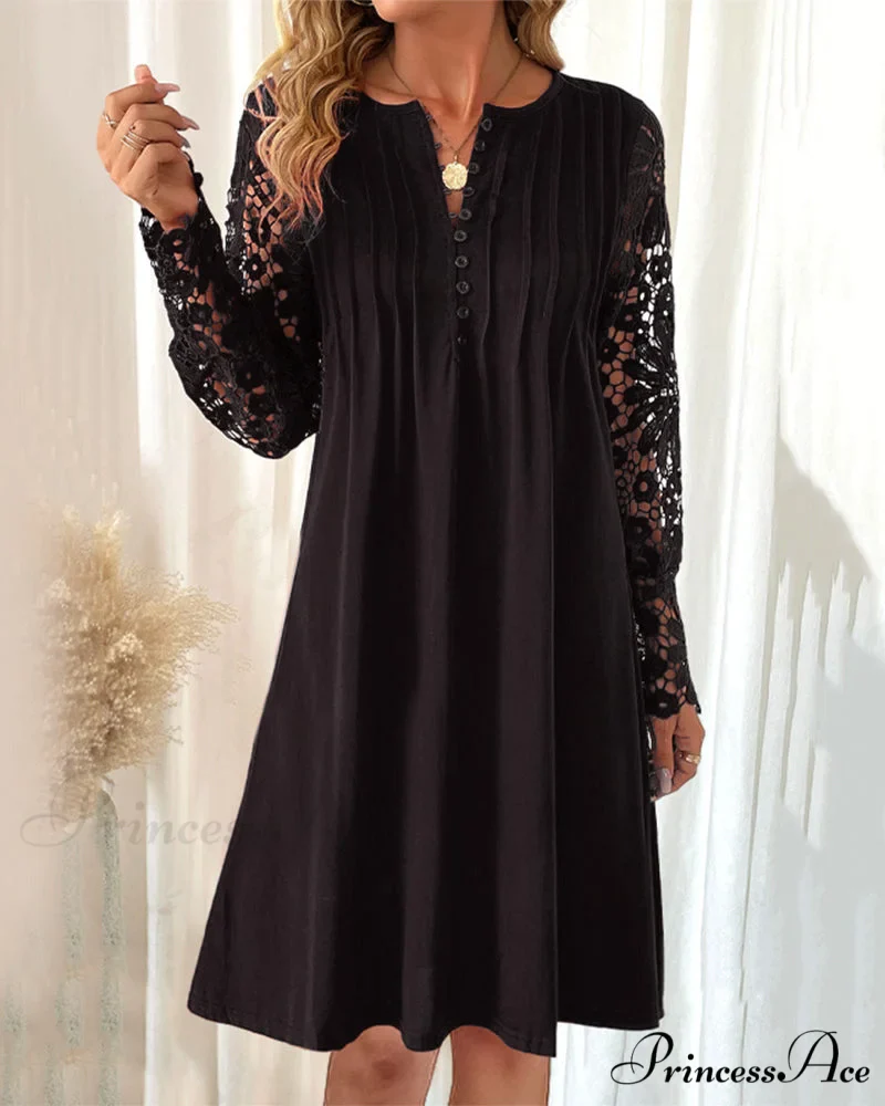 Lace Sleeve Dress with Pleated Detail - Image 4