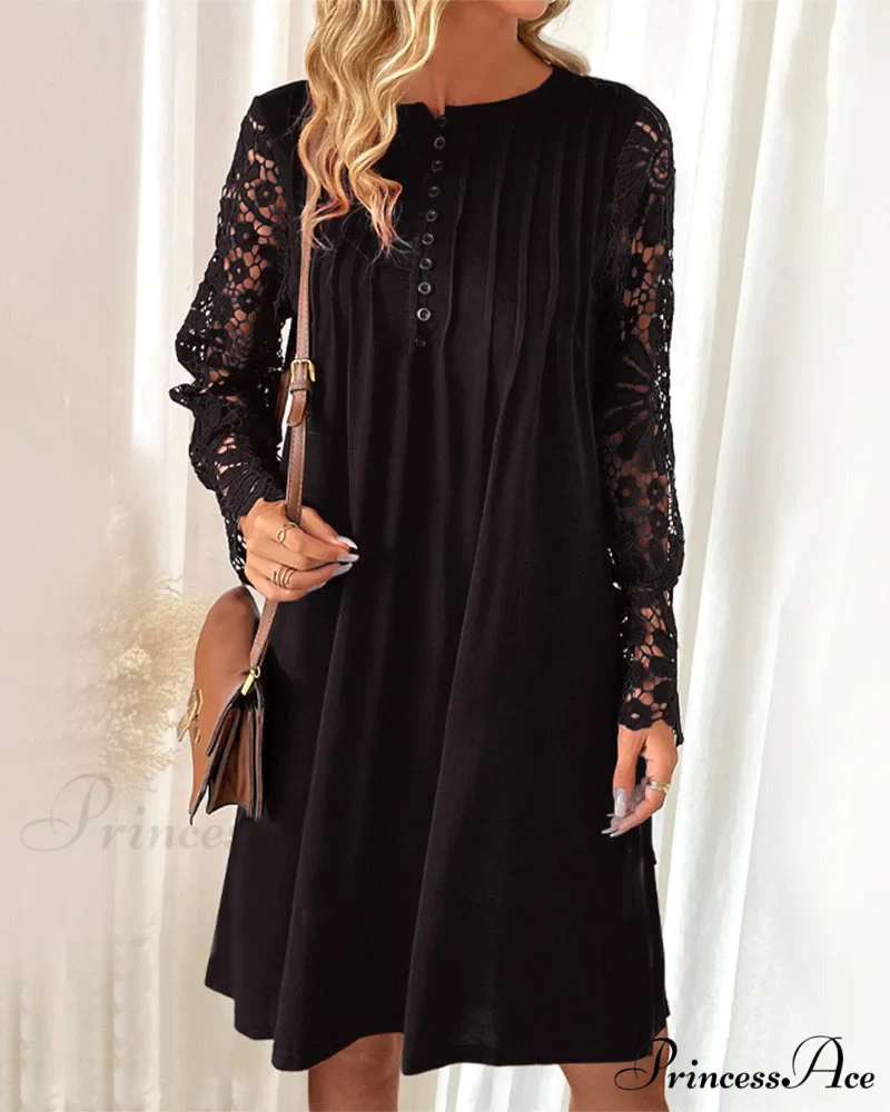 Lace Sleeve Dress with Pleated Detail - Image 6