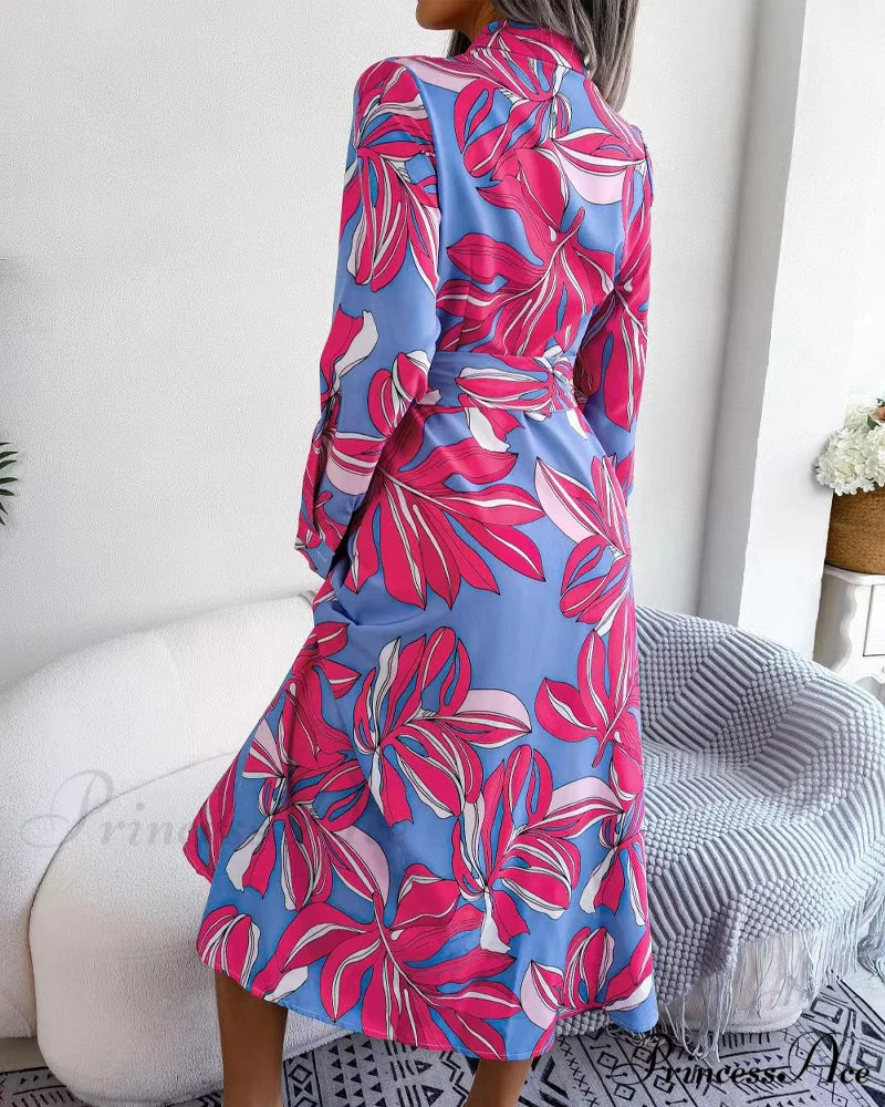Floral Print Lapel Shirt Dress with Contrast - Image 10