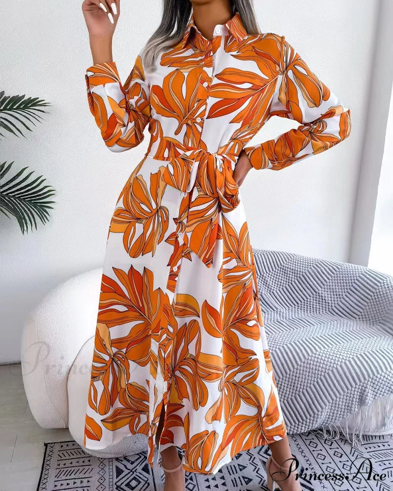 Floral Print Lapel Shirt Dress with Contrast - Image 11