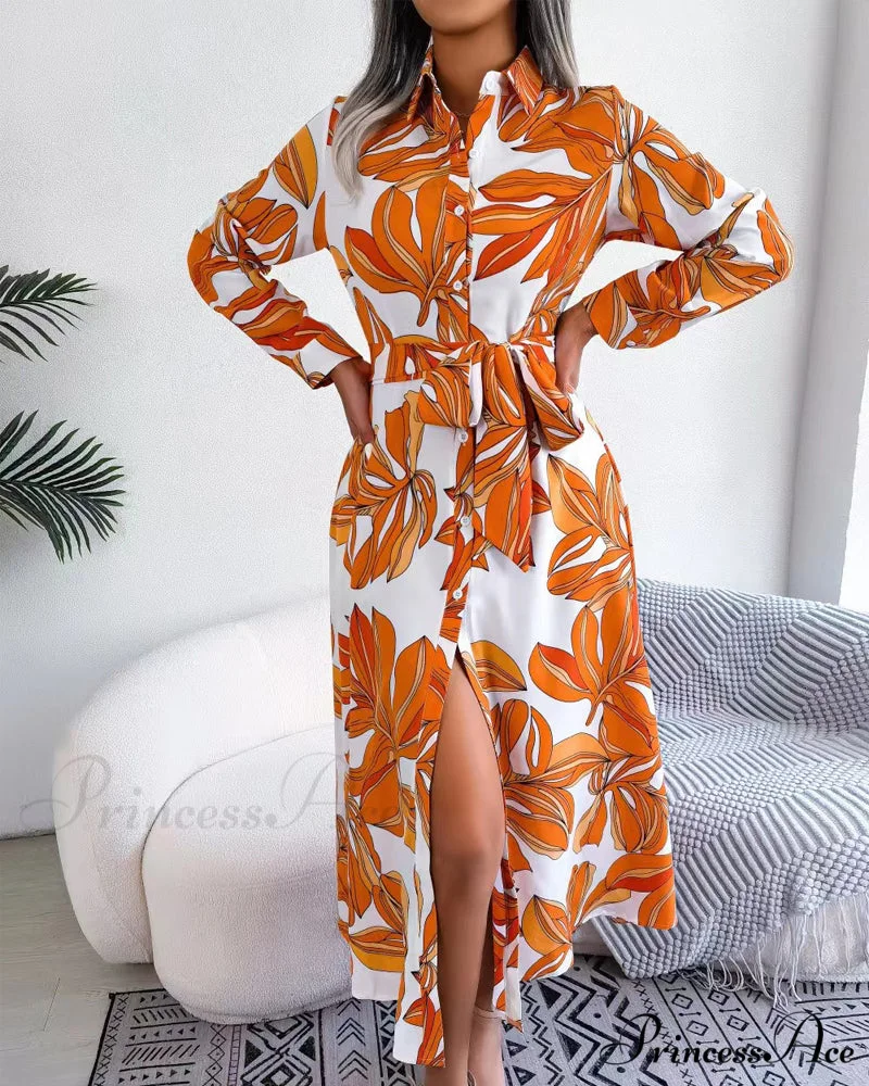 Floral Print Lapel Shirt Dress with Contrast - Image 12