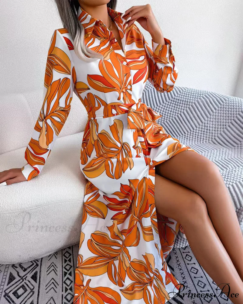 Floral Print Lapel Shirt Dress with Contrast - Image 14