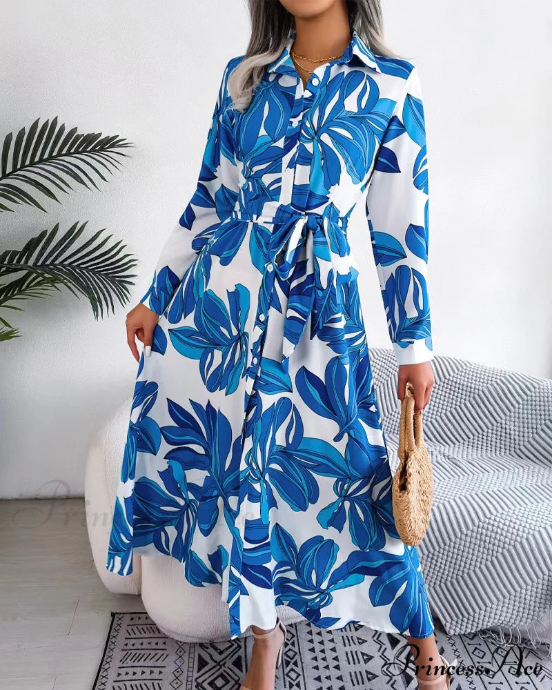 Floral Print Lapel Shirt Dress with Contrast - Image 2