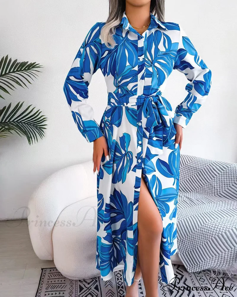 Floral Print Lapel Shirt Dress with Contrast - Image 3