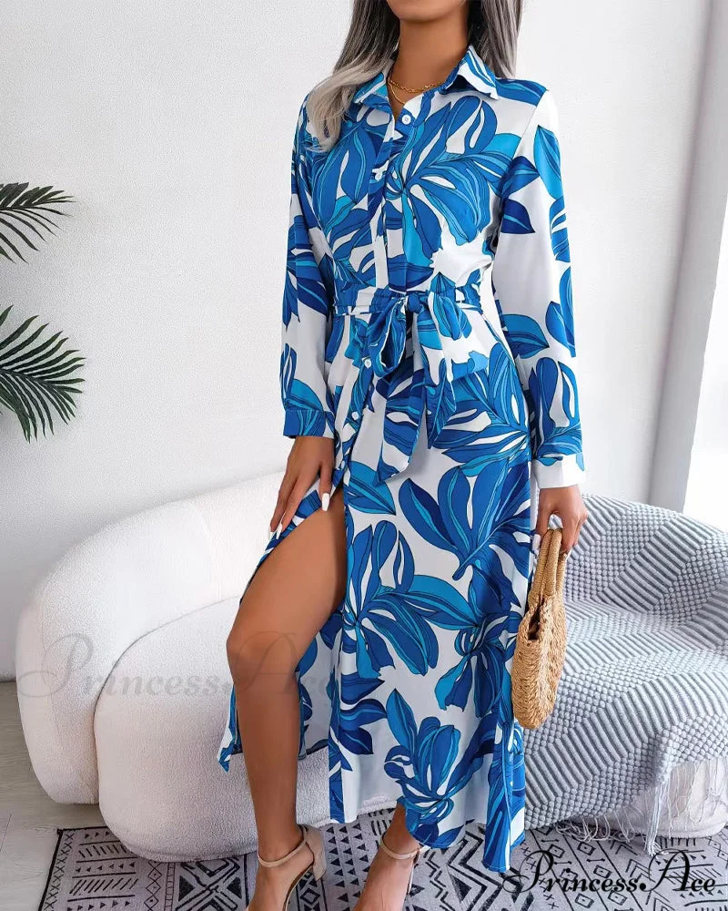 Floral Print Lapel Shirt Dress with Contrast - Image 4