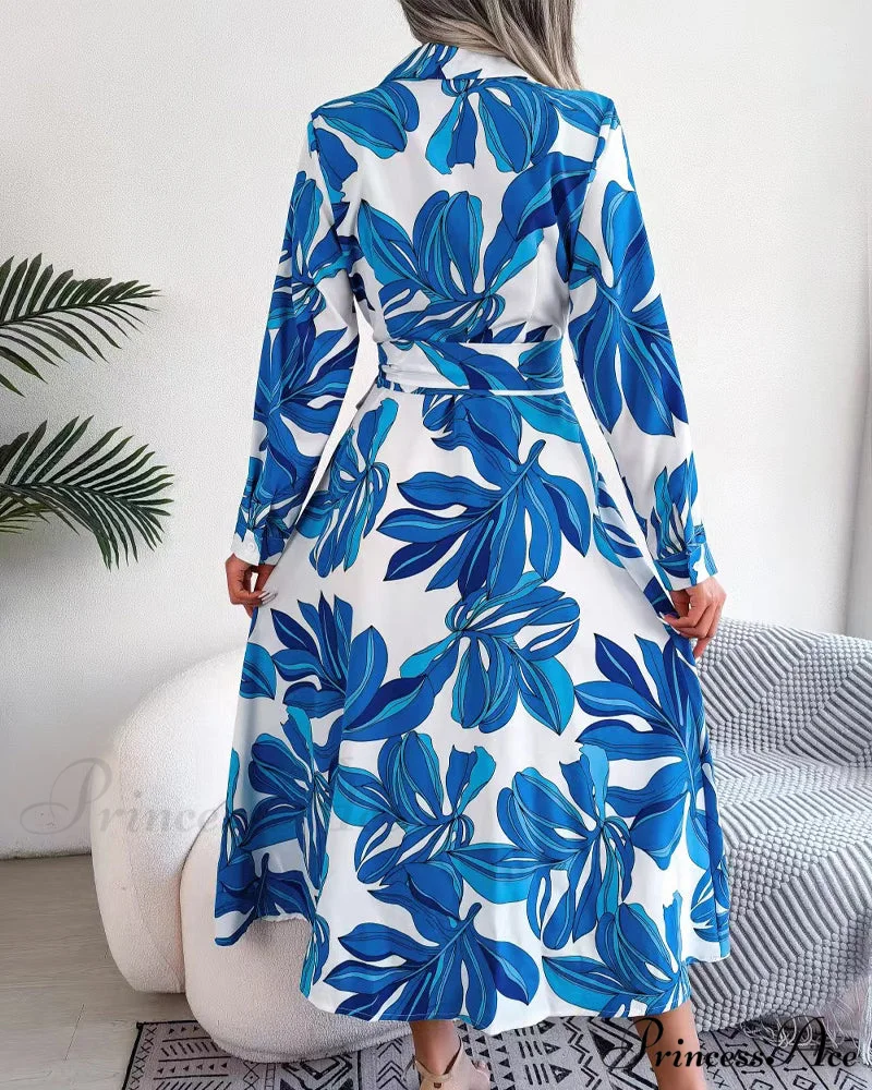 Floral Print Lapel Shirt Dress with Contrast - Image 5