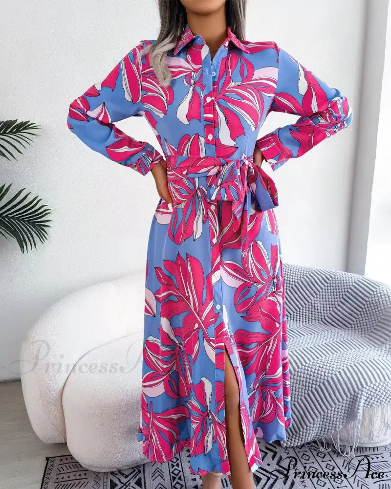 Floral Print Lapel Shirt Dress with Contrast - Image 6