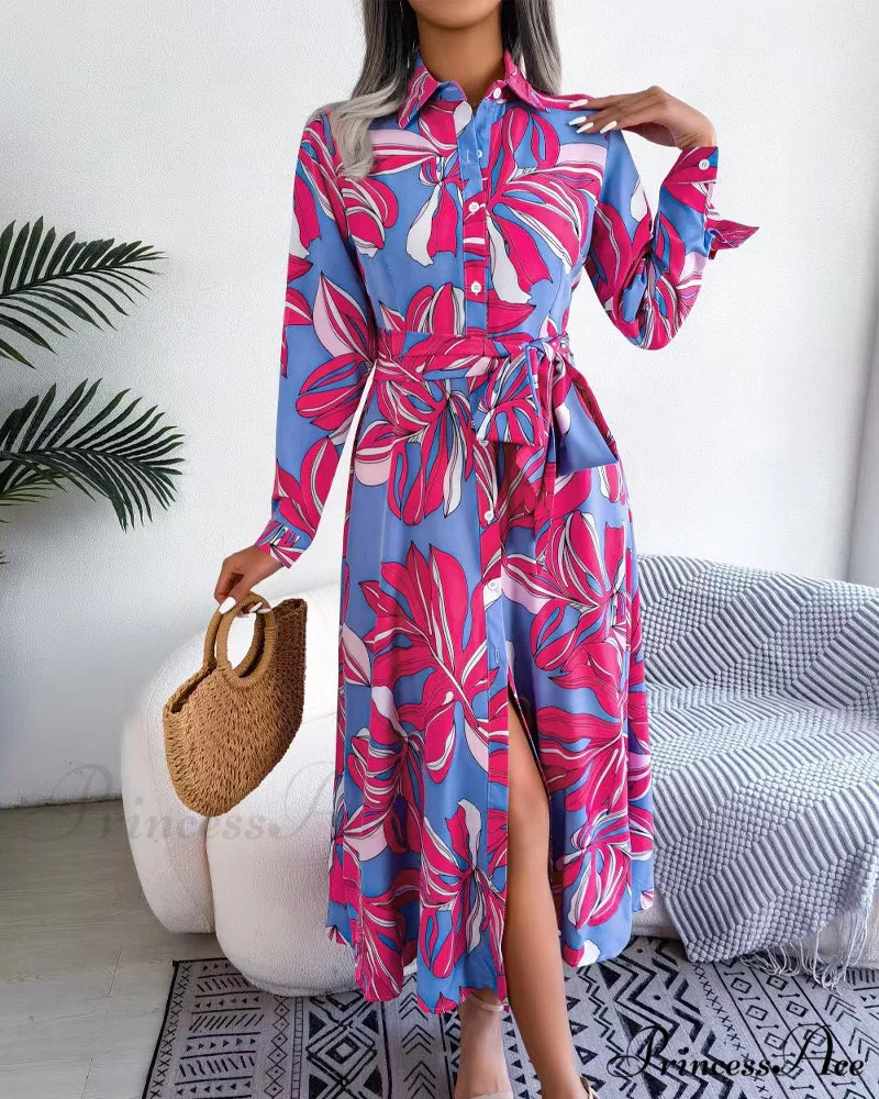 Floral Print Lapel Shirt Dress with Contrast - Image 7