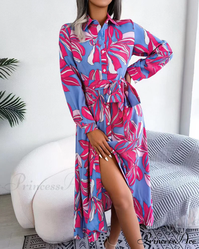 Floral Print Lapel Shirt Dress with Contrast - Image 8