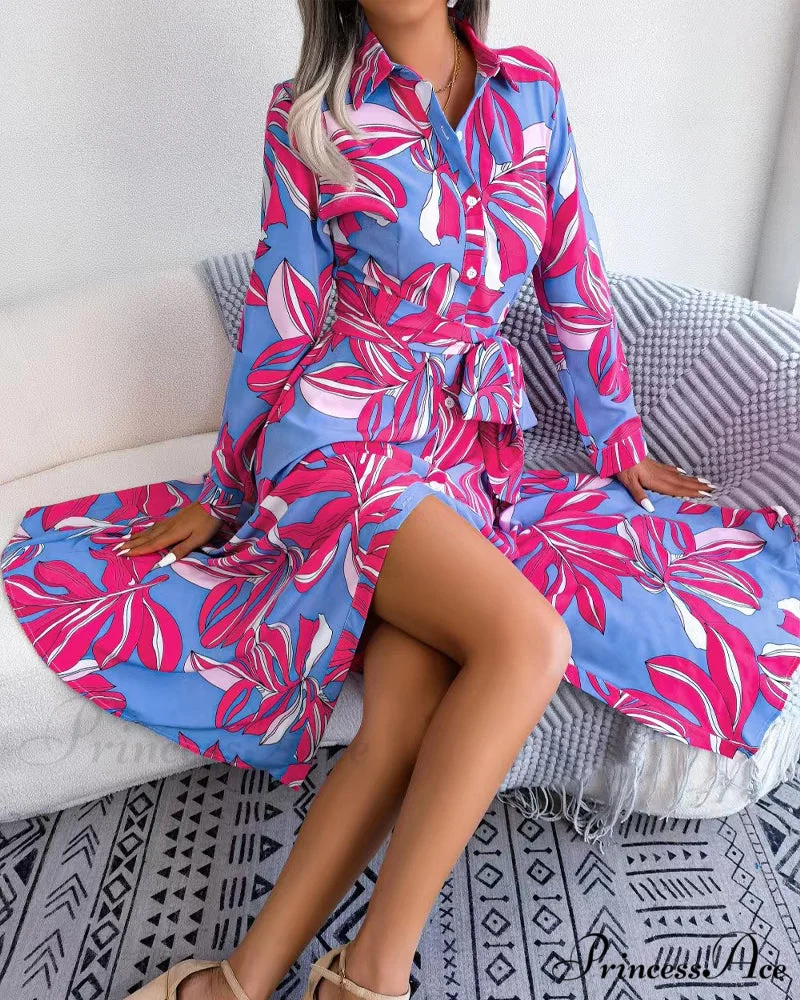 Floral Print Lapel Shirt Dress with Contrast - Image 9