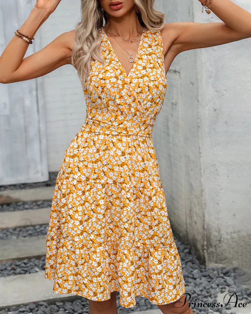 Floral V-neck A-line Dress - Image 4