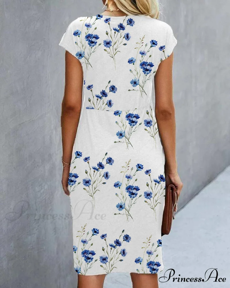 Floral Print Dress - Blue with Short Sleeves - Image 2