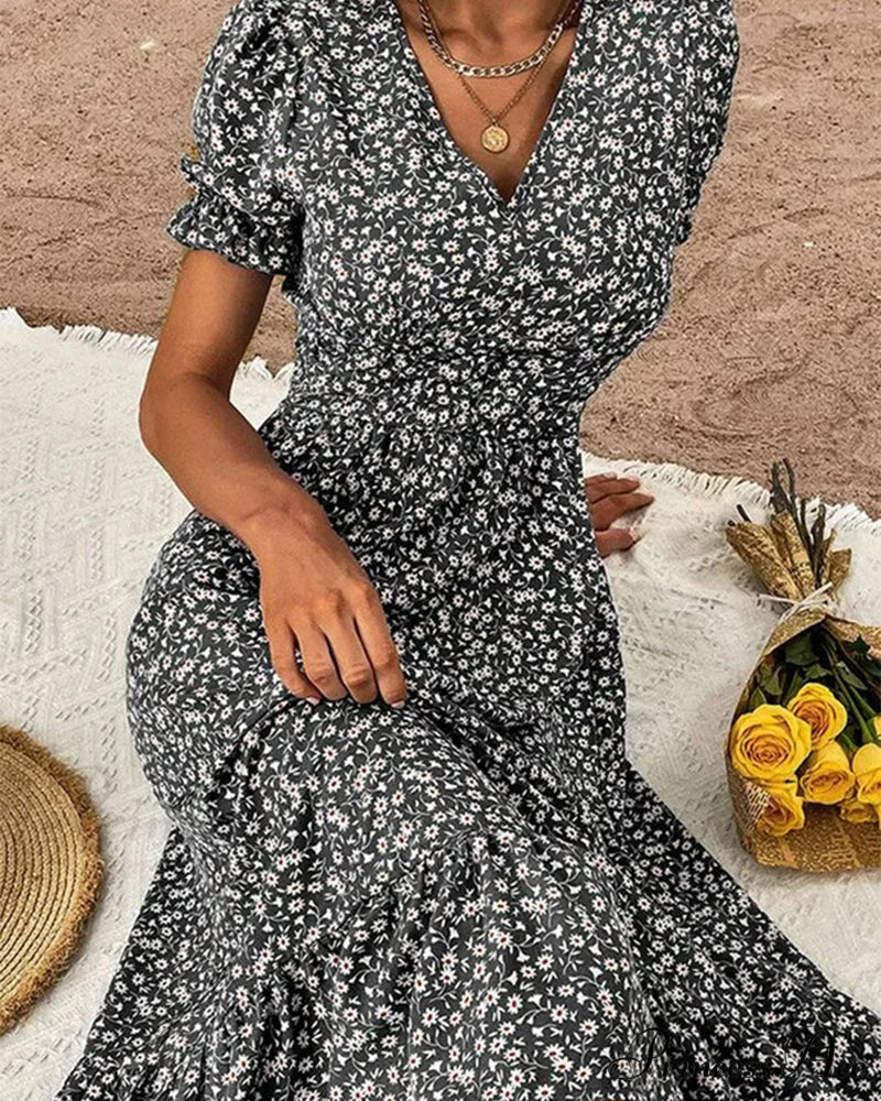 Puff sleeve v-neck dress - Image 2