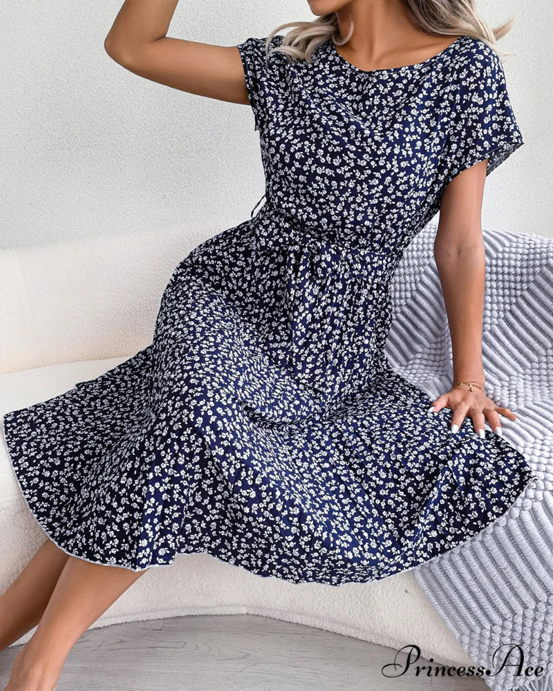 Floral Print Tie Dress - Short Sleeve - Image 11