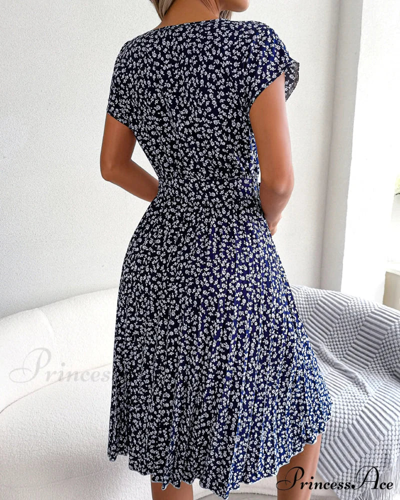 Floral Print Tie Dress - Short Sleeve - Image 12