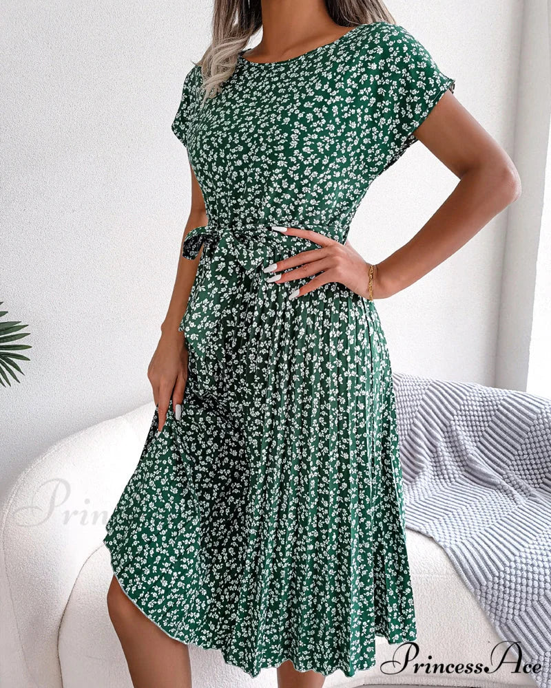 Floral Print Tie Dress - Short Sleeve - Image 2