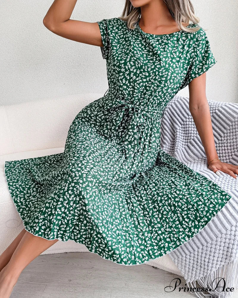 Floral Print Tie Dress - Short Sleeve - Image 3