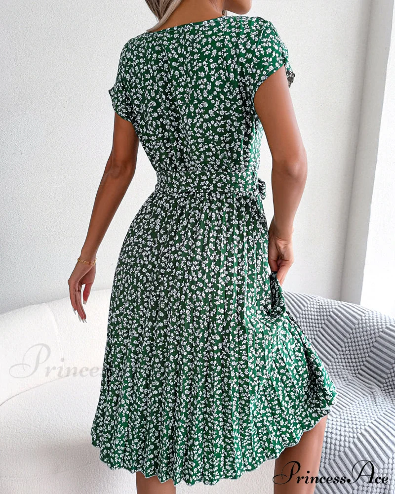 Floral Print Tie Dress - Short Sleeve - Image 4