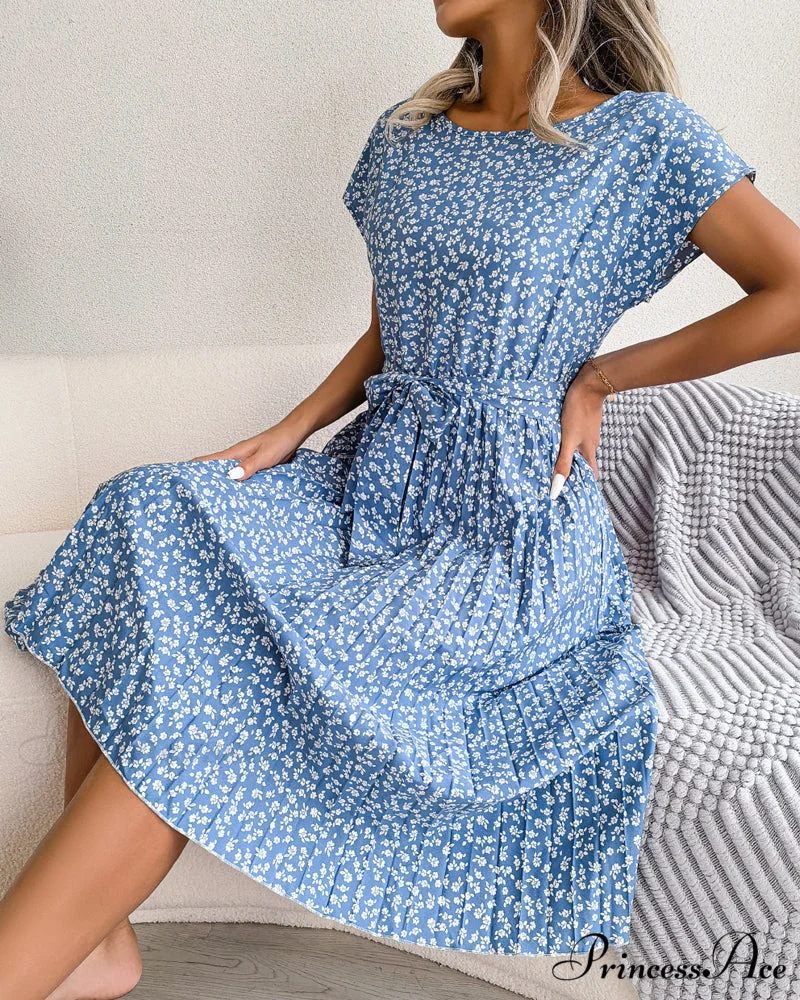 Floral Print Tie Dress - Short Sleeve - Image 7