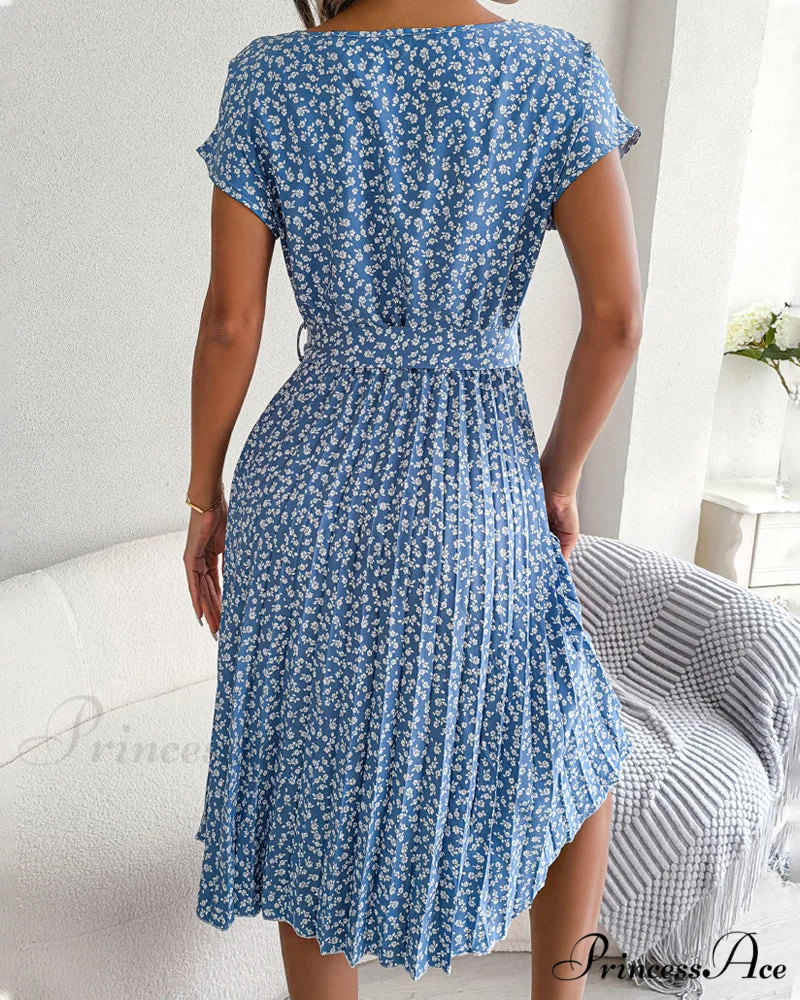 Floral Print Tie Dress - Short Sleeve - Image 8