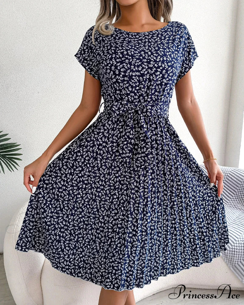 Floral Print Tie Dress - Short Sleeve - Image 9