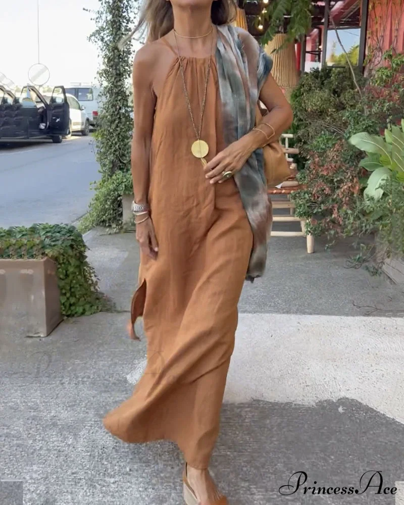 Halter Dress with Slit - Solid Color - Image 3