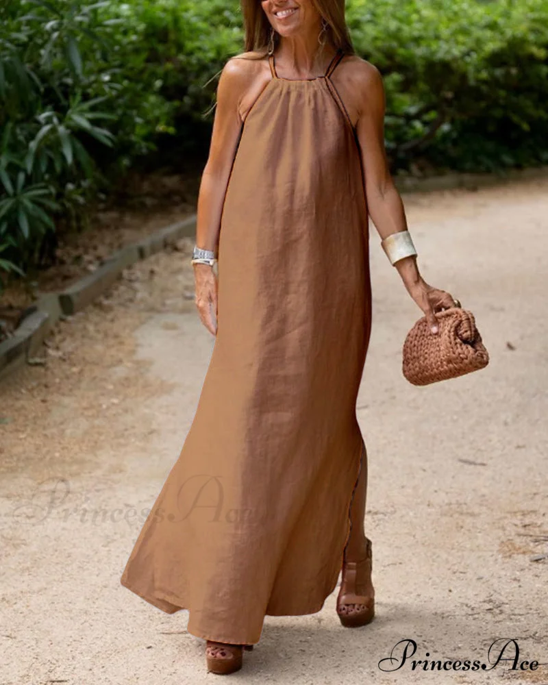 Halter Dress with Slit - Solid Color - Image 6