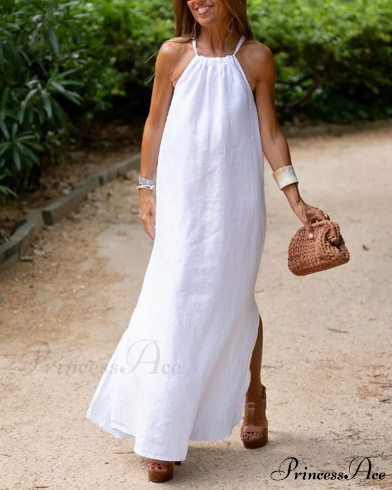 Halter Dress with Slit - Solid Color - Image 7