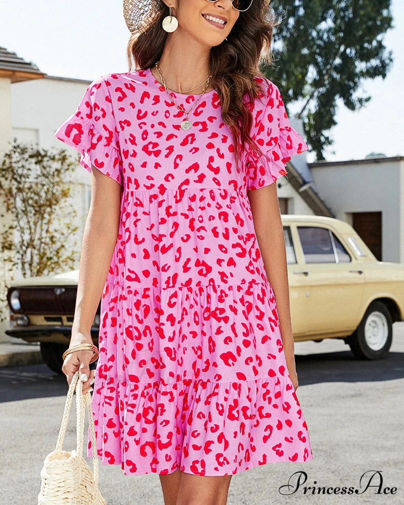 Floral and Leopard Print Short Sleeve Dress - Image 3