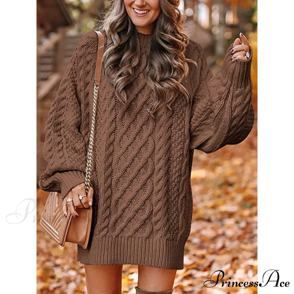 Women's Crewneck Cable Knit Chunky Pullover Sweater Dress - Image 10