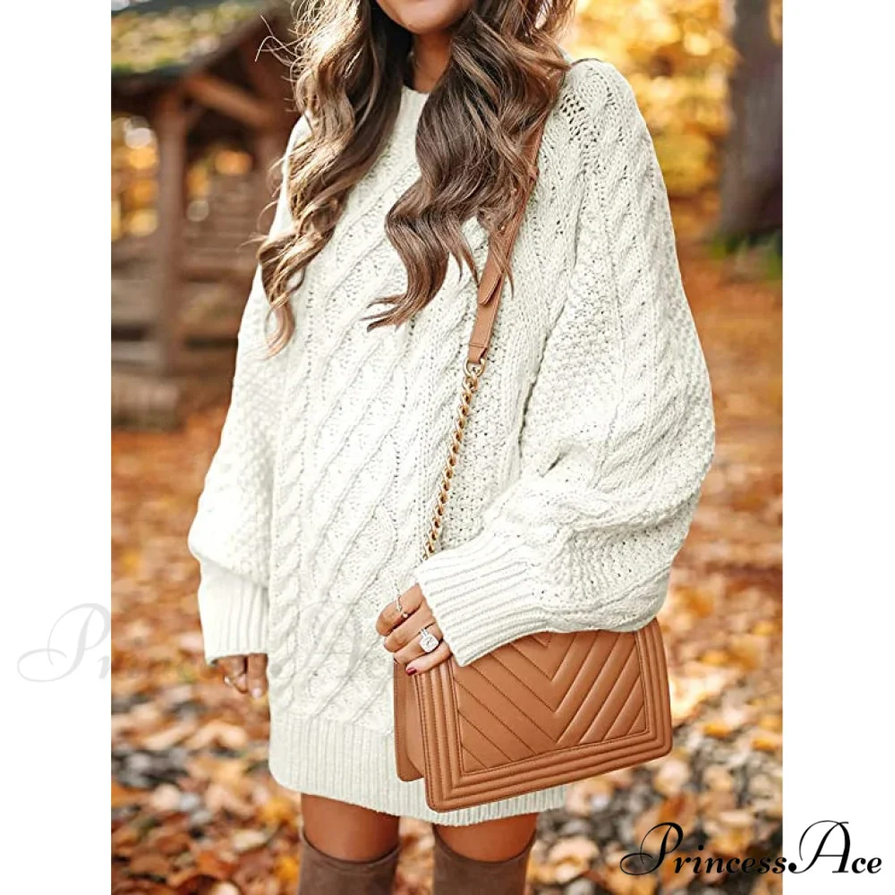 Women's Crewneck Cable Knit Chunky Pullover Sweater Dress - Image 4