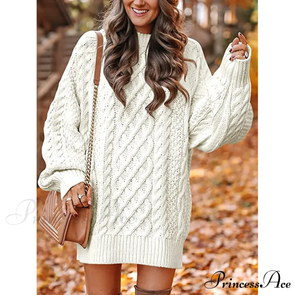 Women's Crewneck Cable Knit Chunky Pullover Sweater Dress - Image 5