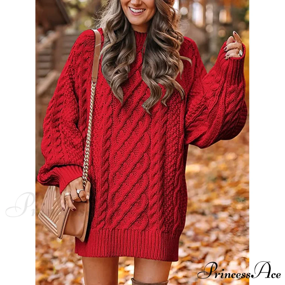 Women's Crewneck Cable Knit Chunky Pullover Sweater Dress - Image 7