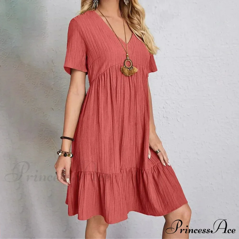 Casual Ruffle V Neck Midi Shift Dress for Women - Image 4